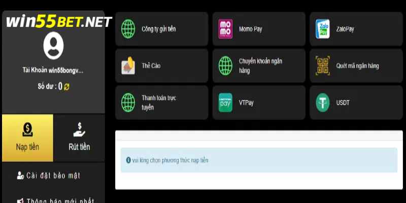 Chọn tùy chọn ngân hàng để nạp tiền Win55